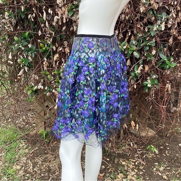 💋Elie Tahari Floral Mesh Metallic Chain Fringe A-Line Flouncy Skirt - Picture 5 of 9